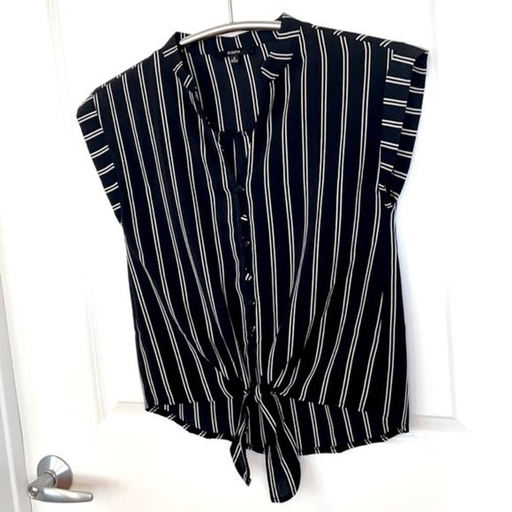BLASHE | Women’s Black & White Vertical Striped  Blouse with Tied Bottom Size S